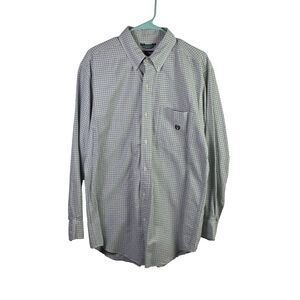 Chaps Men's Medium Stretch Oxford Blue And Green Check Long Sleeve Button Down